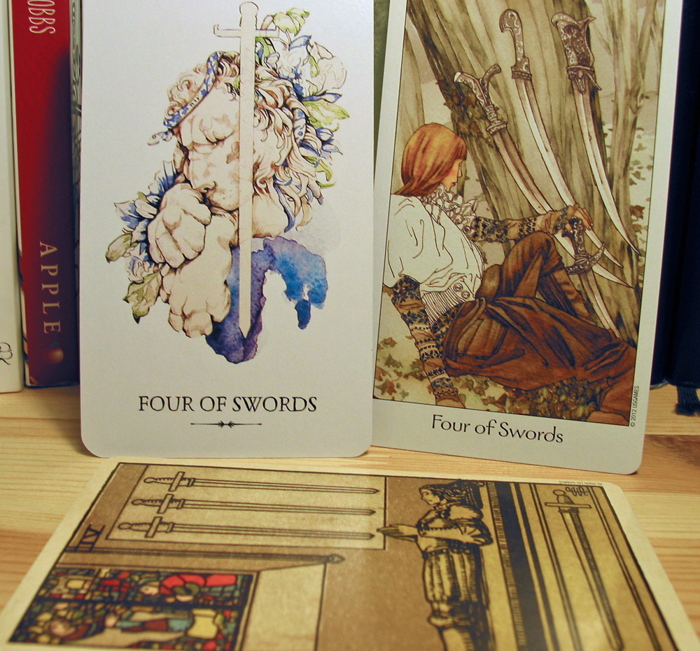 Four of Swords. Linestrider Tarot, Dreaming Way Tarot, Smith-Waite Centennial Deck