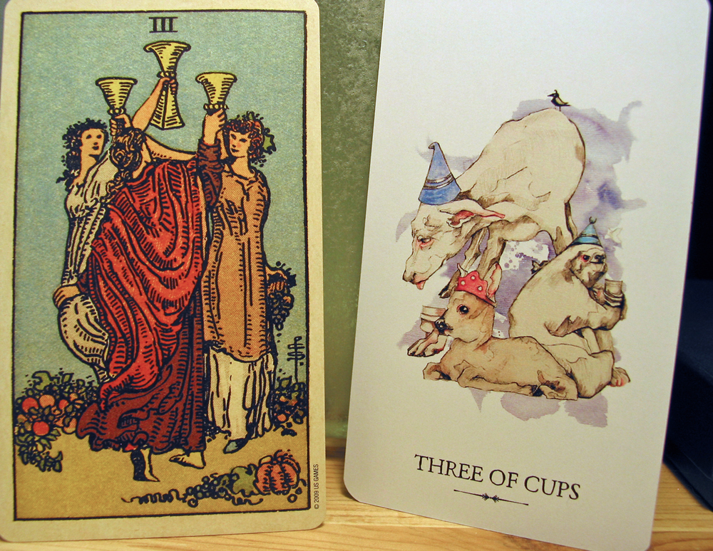 Three of Cups. Smith-Waite Centennial Deck and Linestrider Tarot