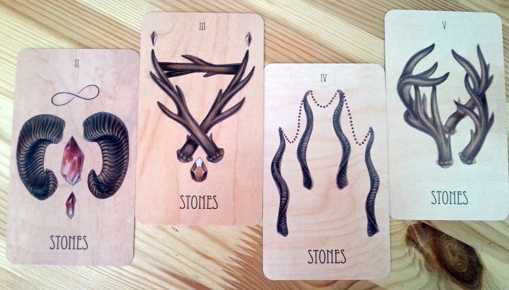 The Wooden Tarot: Suit of Stones 2-5